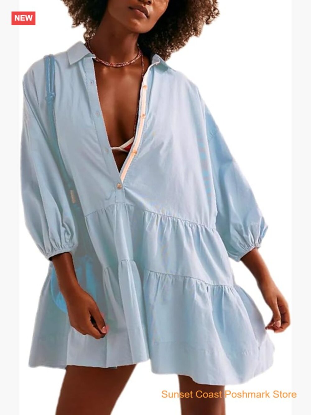 Oversized Casual Collared Babydoll Mini Dress Puff Sleeve A-line Tiered Tunic